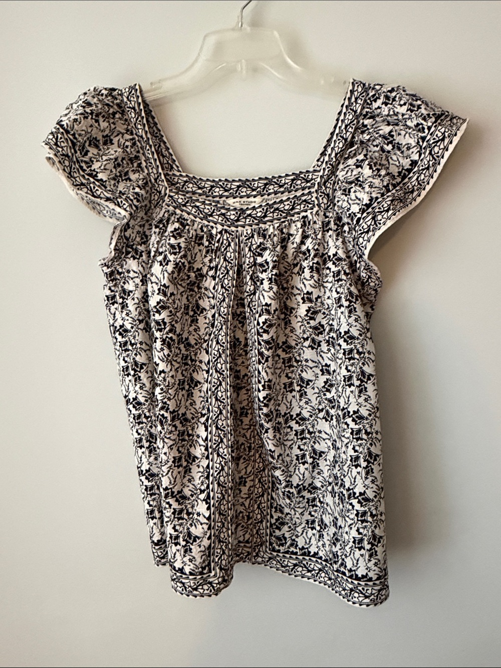 Max Studio Black and Cream Floral Square-Neck Blouse